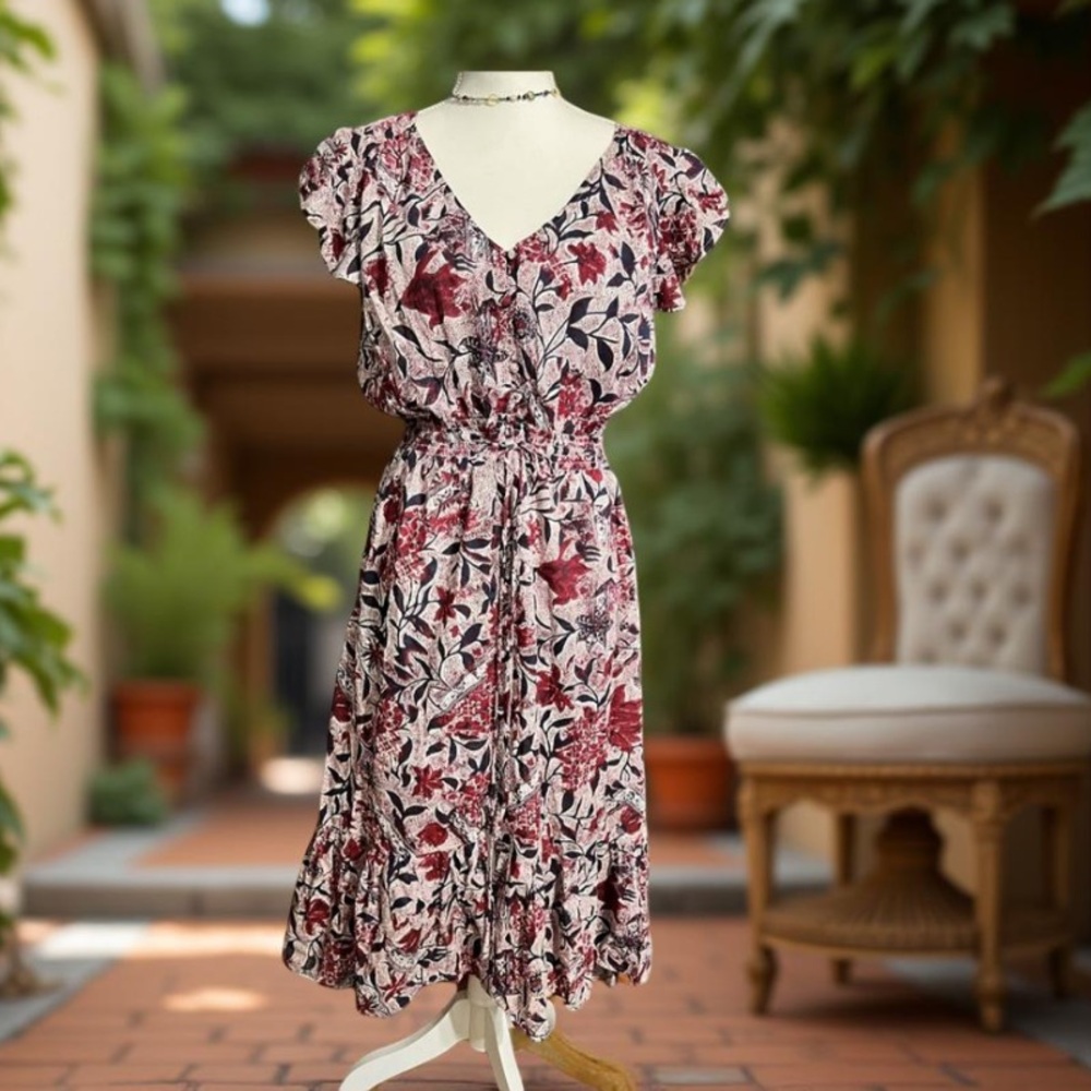 Lucky Brand Floral Dress high low short sleeves button down with half slip Large - Picture 5 of 12